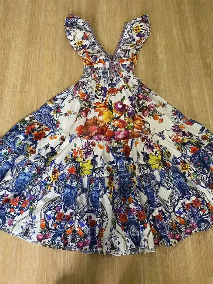 Robe rétro sexy à col en V profond pour femmes, manches Feifei imprimées, jupe haute, nouvelle robe 