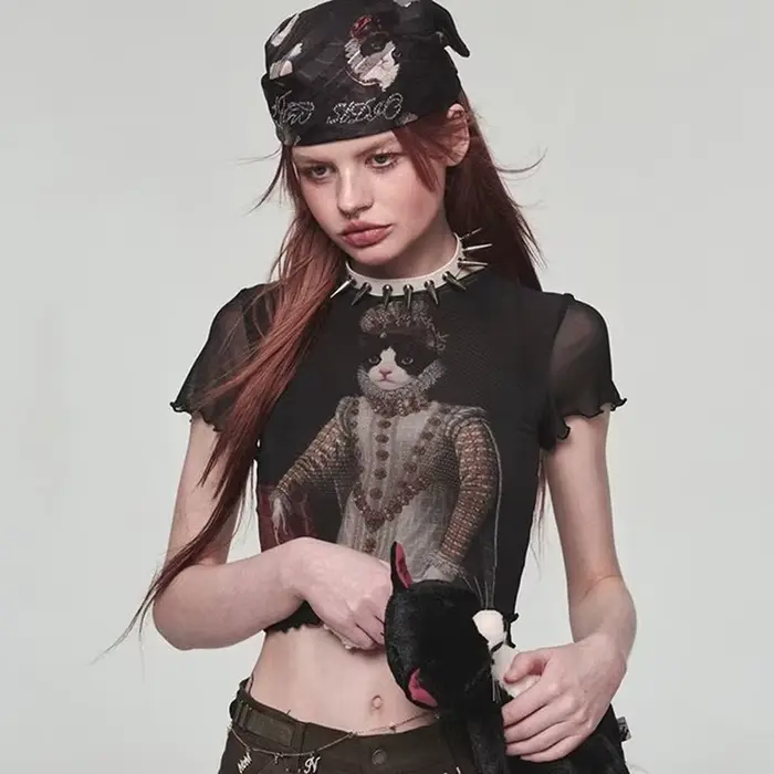 Y2K-T-shirt à manches courtes en maille de dentelle pour femmes, haut court imprimé chat, transparen