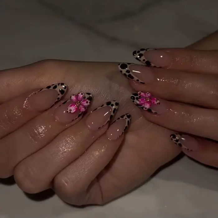 24 pièces marron français imprimé léopard presse sur ongles stéréo rose fleur conçoit automne faux o