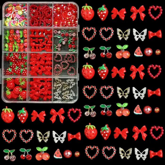 Breloques 3D cerise rouge/fraise/arc pour Nail Art, 12 grilles, alliage papillon/amour/ruban Y2K, dé