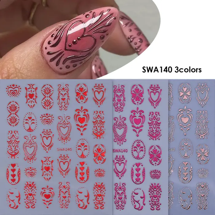 3D samolepky na nehty s motivem Lvího dne, černé, bílé, růžové linie a srdce