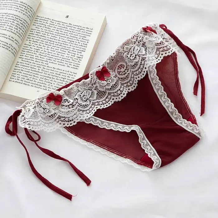 Nízký pas krajky Lolita kalhotky s mašle, bavlněný rozkrok, dámské spodní prádlo, síťované spodní prádlo a krajky pro dívky