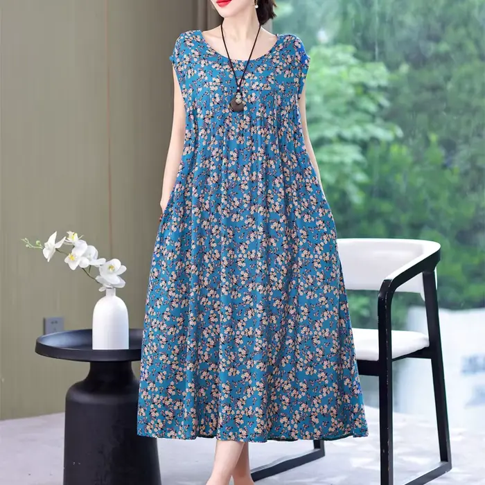Robe en viscose décontractée avec col rond et poches pour femmes grandes tailles occasions estivales