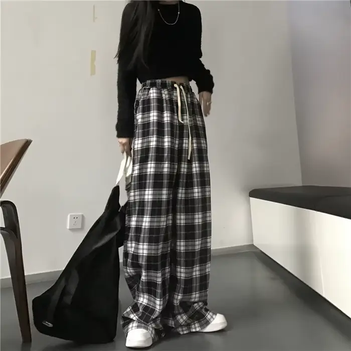 Pantalon de survêtement oversize pour femme, motif écossais noir, décontracté, coupe ample, taille é