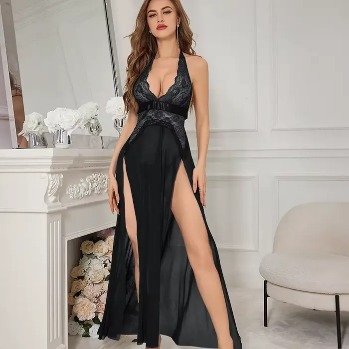 Nuisette sexy en dentelle florale, lingerie babydoll, taille haute, fendue, transparente, col en V, 