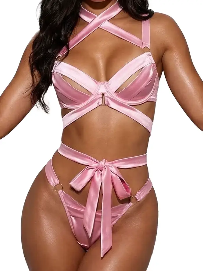 Belamimi – ensemble de lingerie rose de luxe pour femmes, design à nœud papillon croisé au dos, soutien-gorge et culotte sexy en soie, vêtements de nuit intimes élégants