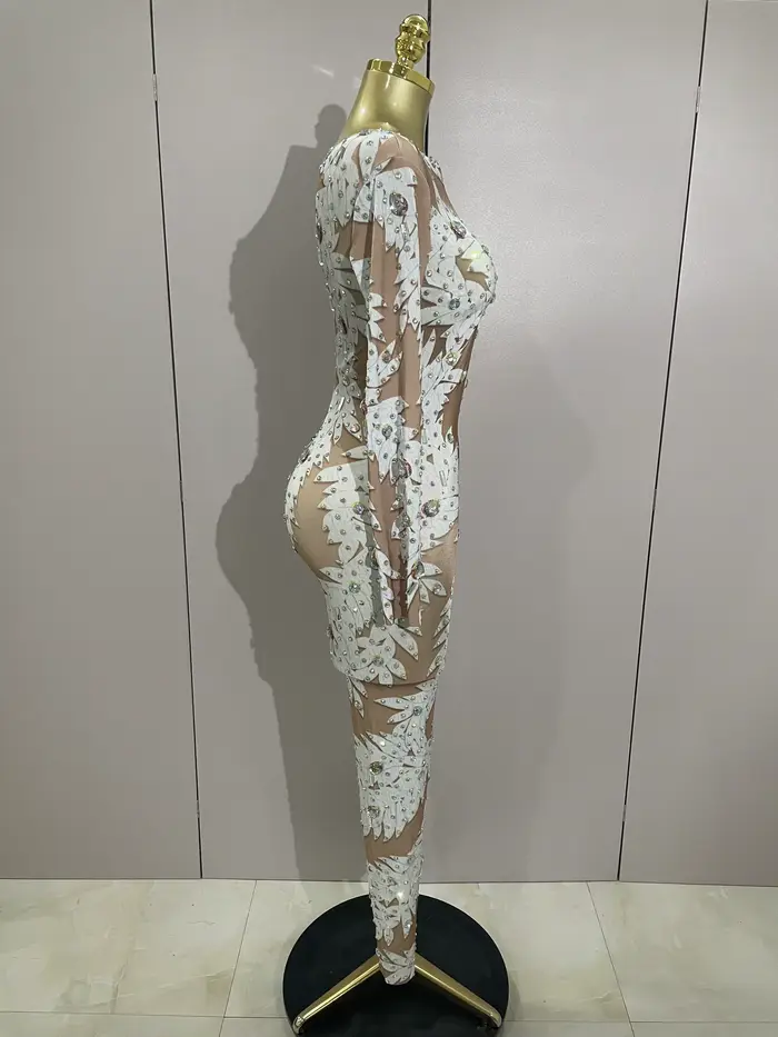Body s dlouhým rukávem pro ženy, sexy, vysoká elasticita, zdobené krystaly, pro noční taneční show a jevištní oblečení