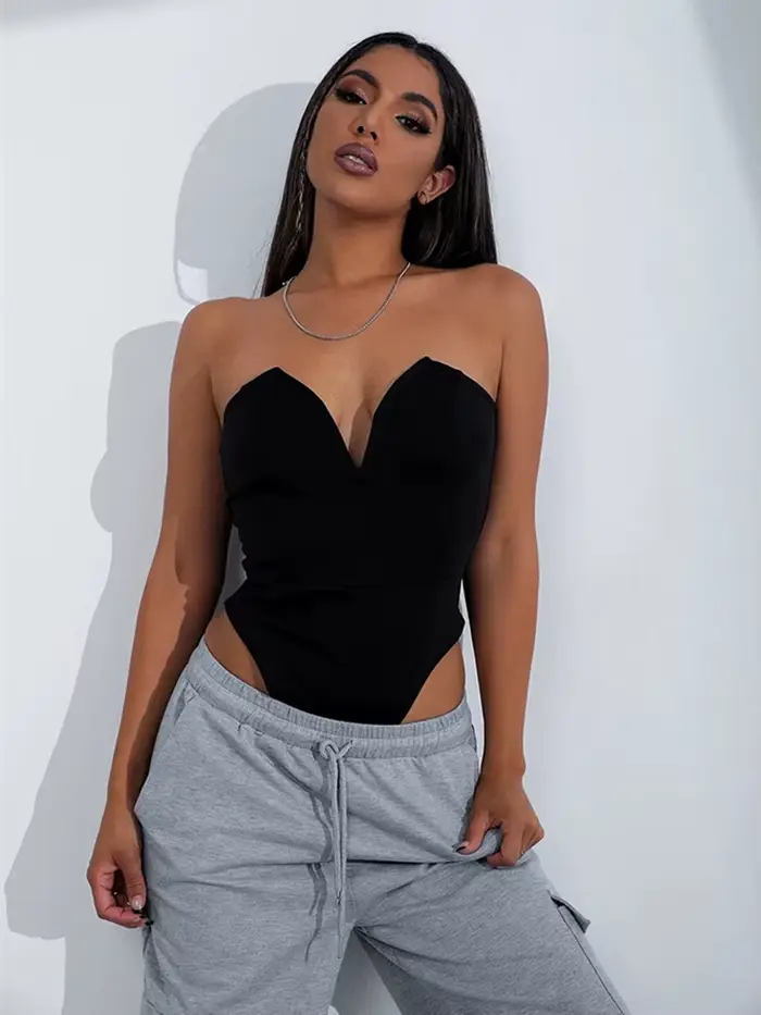 HBLL Zábal na hrudi Bez ramínek Samet Sexy Body Suit Ženy Bez zadku Bod V Neck Club Party Noční Bodysuit