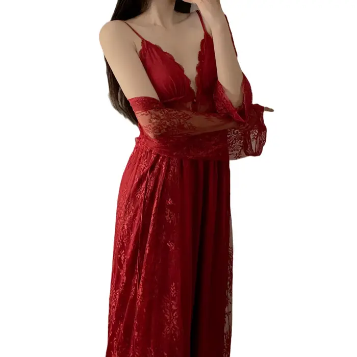 Podzimní dámské krajkové noční prádlo Župan Dvoudílné spodní prádlo Rayon šaty oblek Dámské noční košile noční prádlo Kimono šaty Set