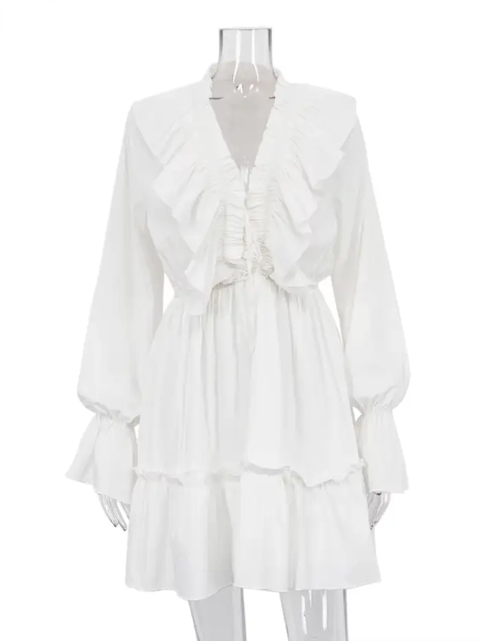 Bornladies Sexy robe blanche ample dames mode col en v à manches longues Mini robe Chic élégant à vo
