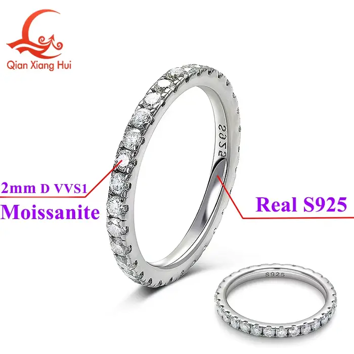 Stříbrný snubní prsten 925 s bílými kulatými Moissanite diamanty 2 mm a 3 mm