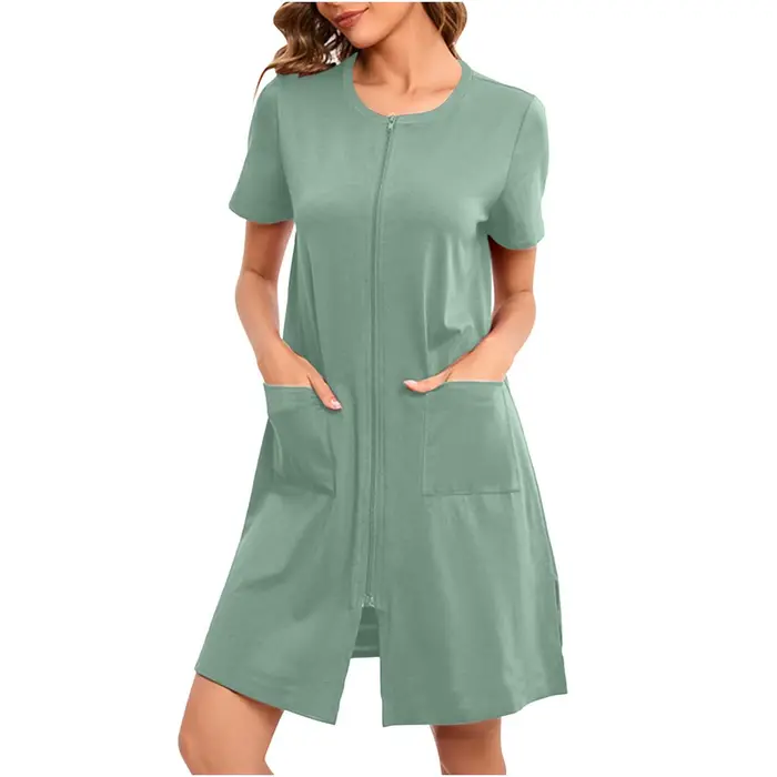 Chemise de nuit zippée sur le devant pour femmes, chemise de nuit à manches courtes, col rond, robe de pyjama courte avec poches, vêtements de nuit At Fit, 2024