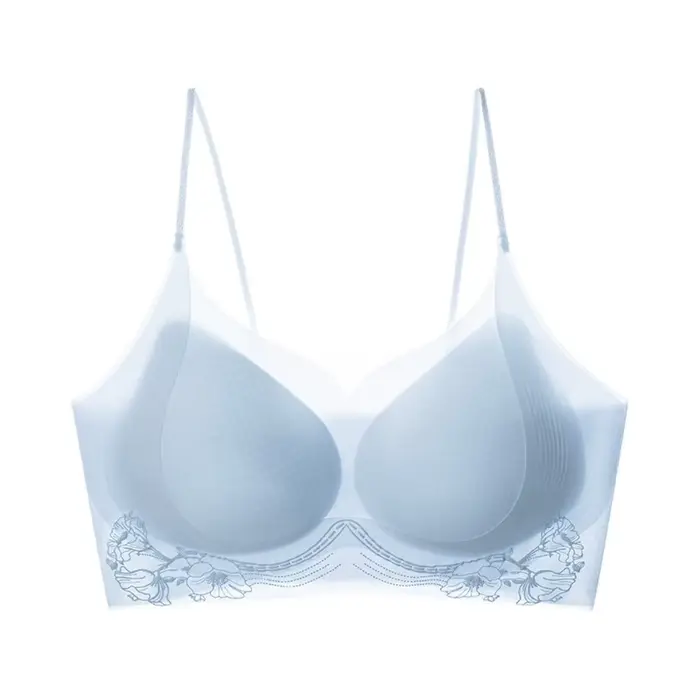 Soutien-gorge sans fil en soie glacée à motif camélia, coupe ajustée, décolleté en V profond, fin, s