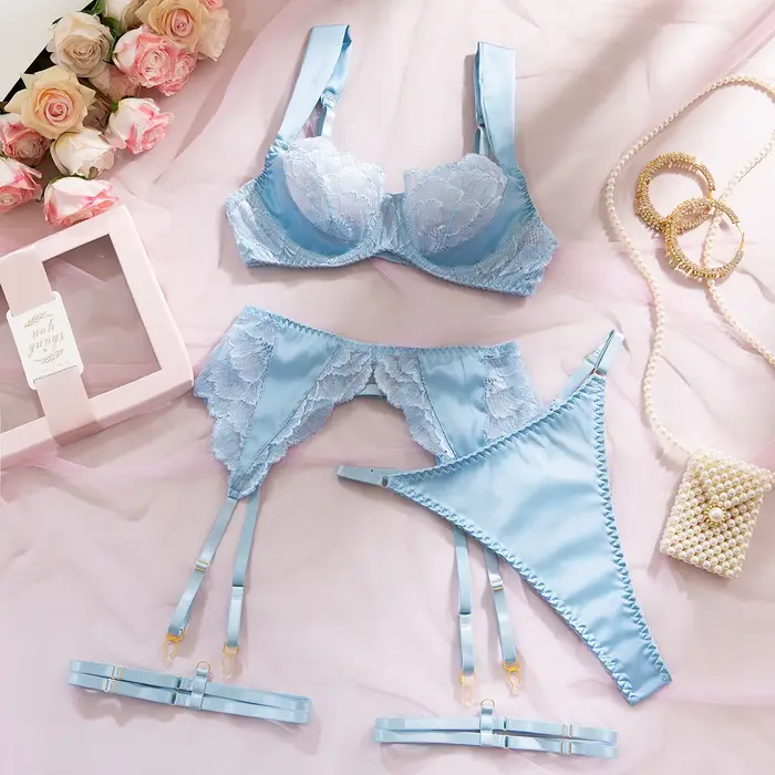 Ensemble de Lingerie Saint-Valentin Sexy et Élégant en Satin, Soutien-Gorge, Ceinture, String 3 Pièc