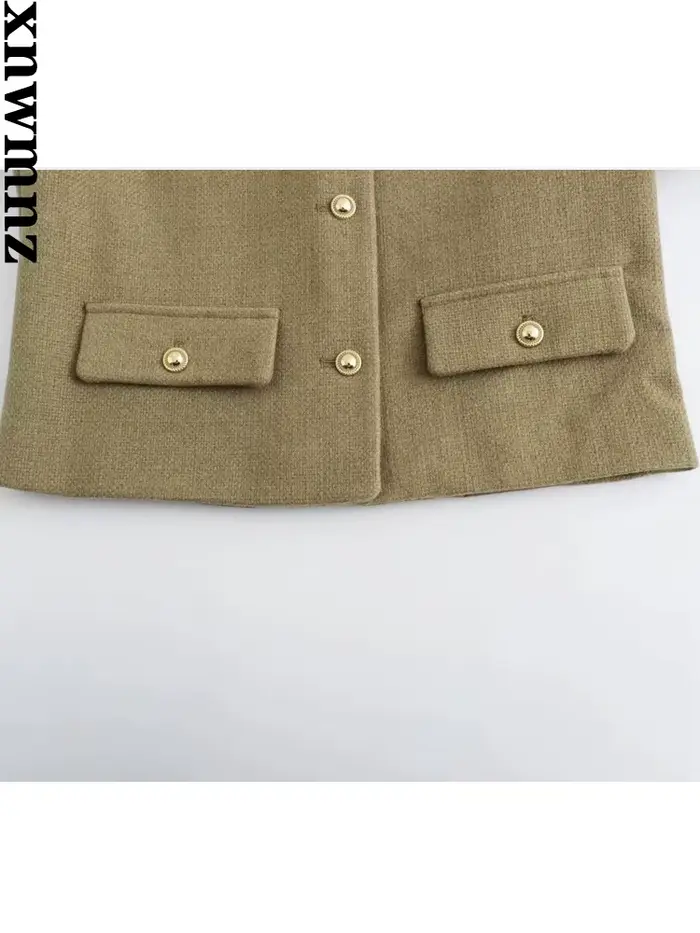 XNWMNZ-Veste courte vintage à col rond pour femme avec poche à rabat, blazer femme polyvalent, manch