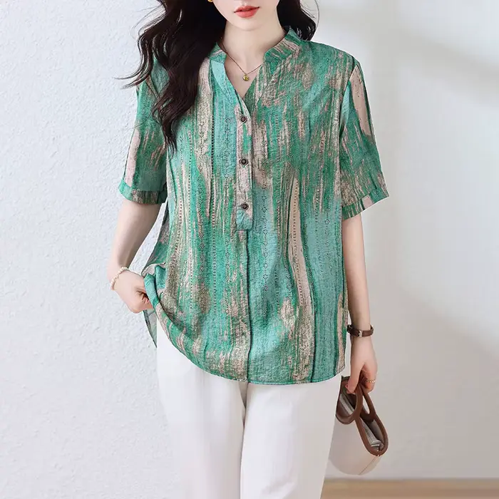 ZUO MAN RU-T-shirt manches courtes col V femme, slim, vert, taille adt, imprimé diamant, été 2023