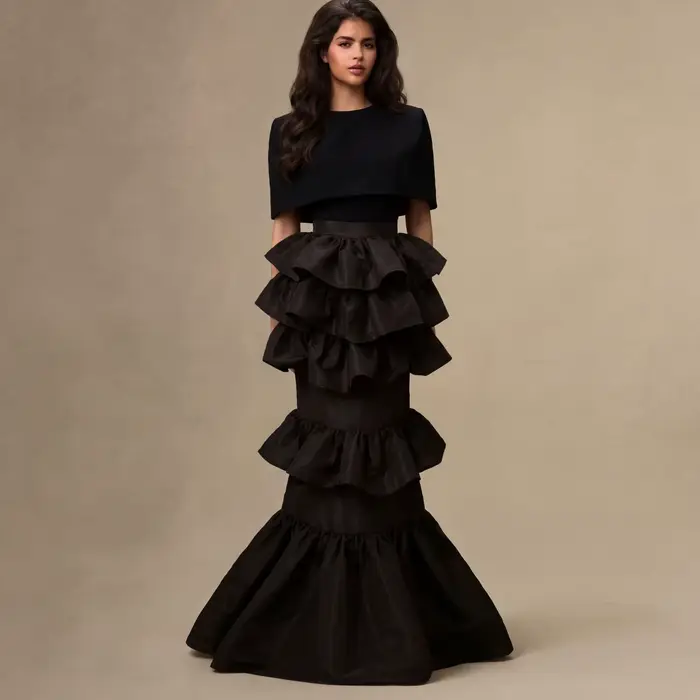 Nouvelle Arrivée Jupe Sirène Noire à Volants Superposés pour Femme Taille Haute 2026 Jupe Longue For