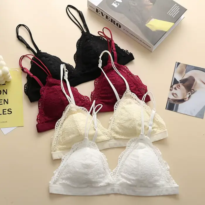 Květinové krajkové bralette s dvojitým ramínko a výstřihem do V pro ženy, vroubkovaný okraj, podprsenka bez kostic, sexy spodní prádlo, zapínání na háček na zádech, denní intimky S-L