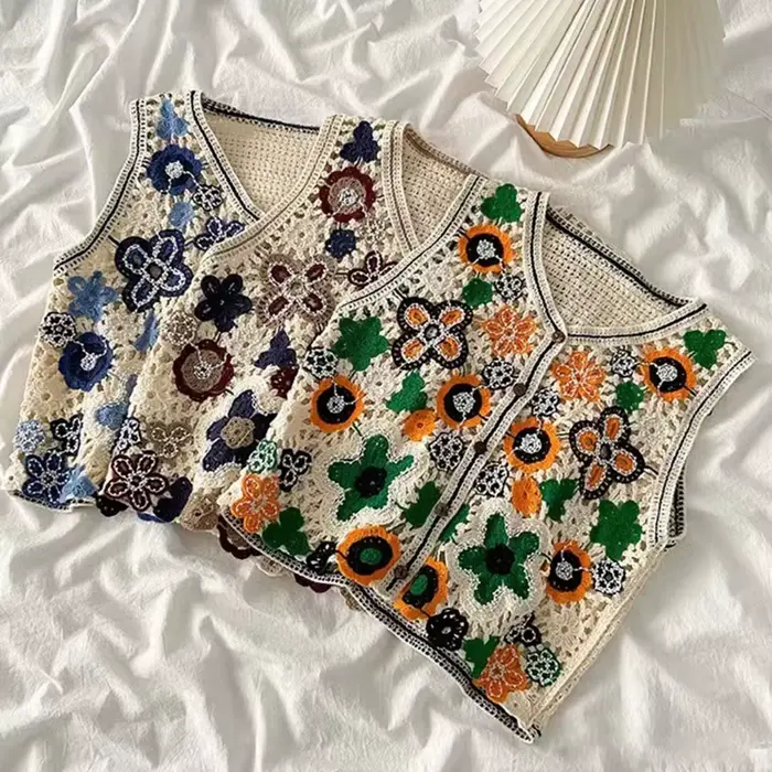 Femmes Vintage creux Crochet tricot gilet gilet ethnique perlé broderie coloré Floral sans manches c