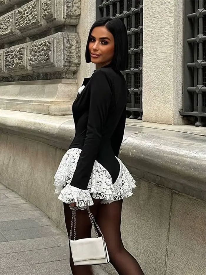 Kliou krajka Patchwork body žena nízký límec rozšířené rukávy kontrast design volánky lem horké dívky ulice Sexy módní punčocháče