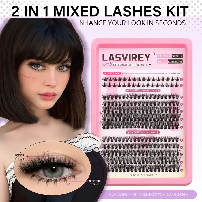 Lasvirey Kit de cils DIY, kit de cils duveteux, cils individuels mixtes avec extensions de cils infé