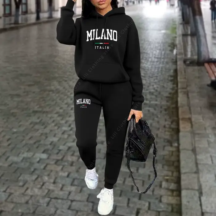 Ensemble 2 pièces pour femmes, sweat à capuche et pantalon, tenue de sport, lettre MILANO imprimée, 
