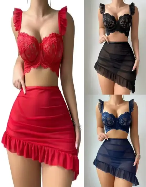 Ensemble de lingerie rouge à volants en dentelle pour femme, mini-jupe froncée en maille, deux pièces, vêtements de nuit boudoir