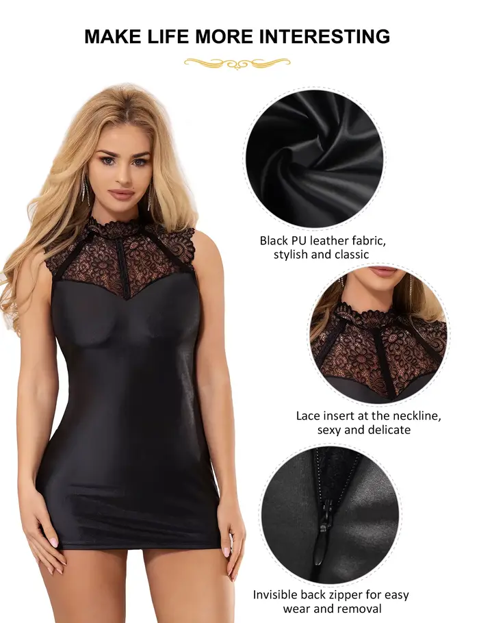 Comeondear grande taille femmes robe tenue Wetlook Cocktail sans manches Faux cuir fête Mini Club La