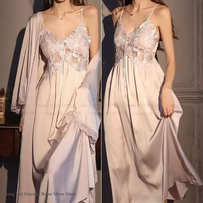 Elegantní dlouhá žena šaty sada hedvábná noční košile led hedvábí noční prádlo domácí oblečení SEXY duté ven krajka noční košile spodní prádlo ležérní oblečení