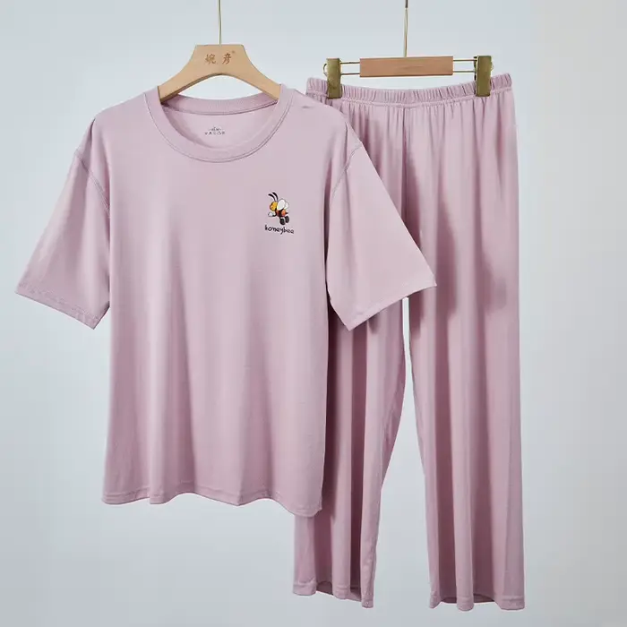Pyjama Femme Nouvelle Collection Grande Taille en Modal, Ensemble Décontracté à Manches Courtes et Pantalon 7/8, Vêtements de Nuit Amples pour Femmes
