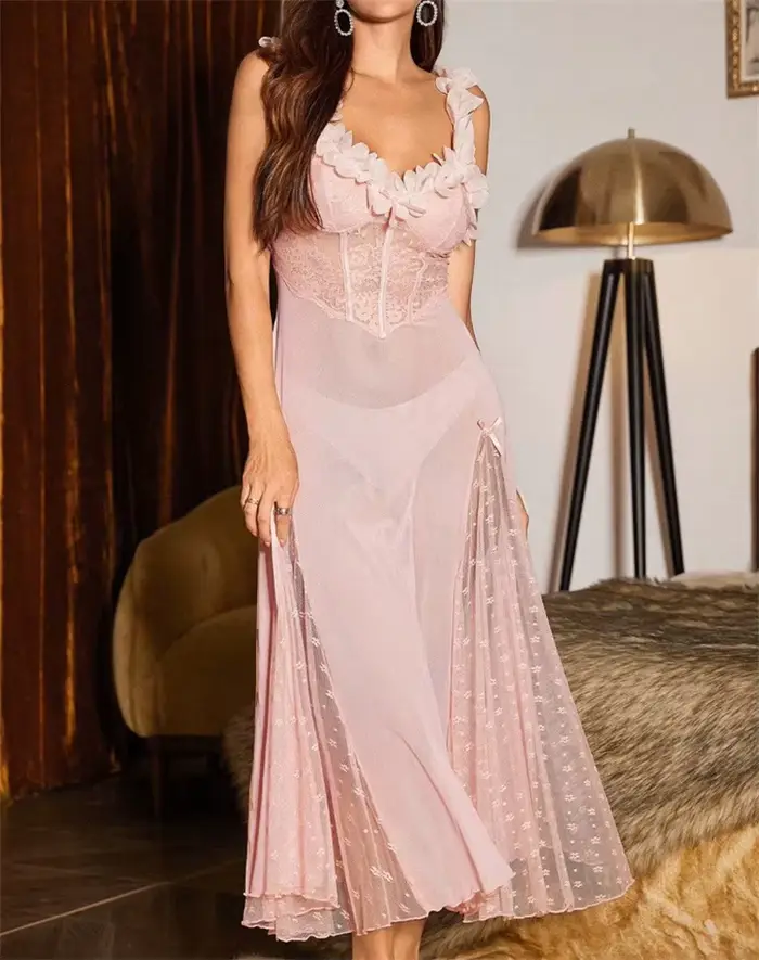 Robe de nuit femme à bretelles, en maille à pois, avec nœud féerique, longue, style pyjama, à pétales, col en V, dos nu, sexy