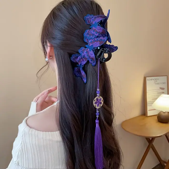 Pinces à cheveux papillon tricotées de Style chinois pour femmes, longues fleurs violettes, pompon r