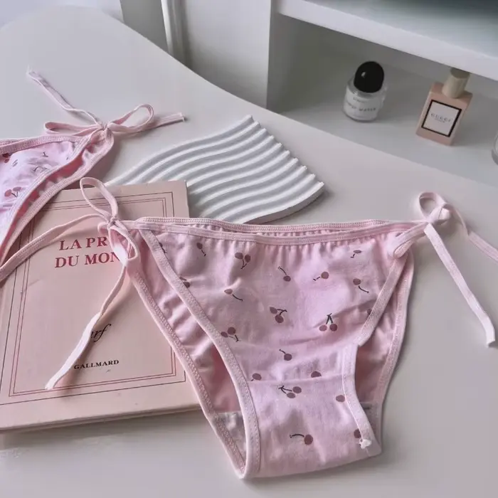 Lolita – culotte en coton à motif cerise pour femmes, sous-vêtements Sexy, blanc, rose, bretelles à