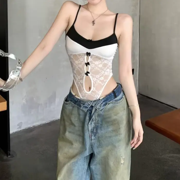 Bílá krajka body pro ženy, letní camis, štíhlý, bez rukávů, sexy, základní, štíhlý, prolamovaný top