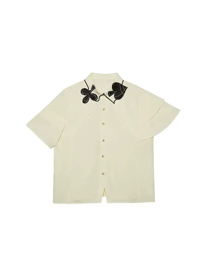 Chemise à manches courtes en forme de feuille de lotus pour femme, broderie poker, design original,