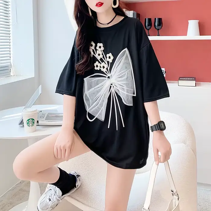 T-shirt imprimé floral 3D Mesh Bow pour femmes, col rond, demi-manche, coréen, basique, doux, nouvea