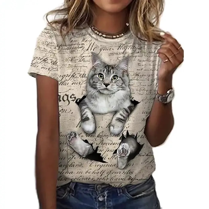 T-Shirt chat Kawaii imprimé en 3D pour femmes, t-shirts graphiques d'animaux amusants, décontracté, 