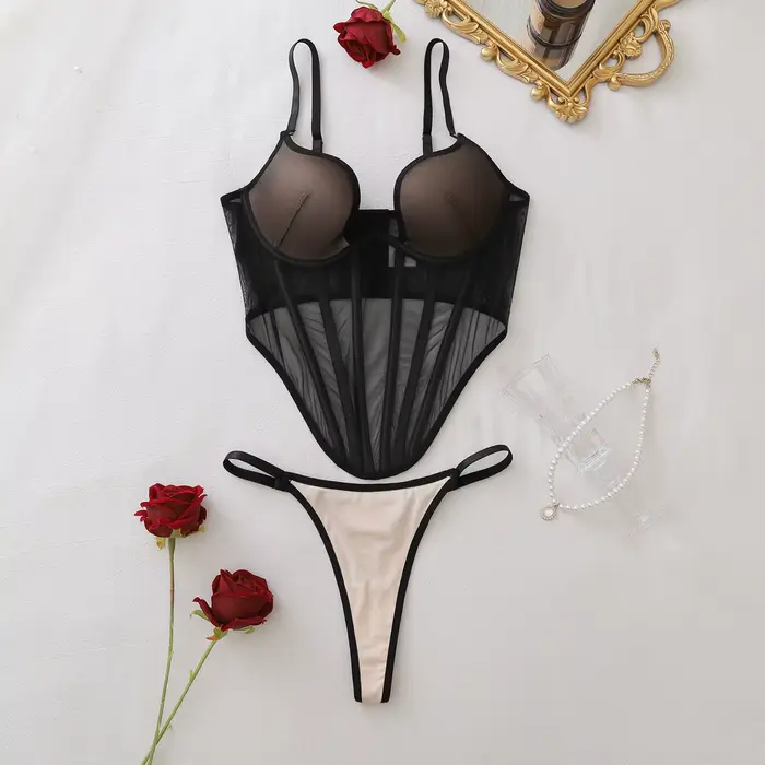 Ellolace Ensemble de Lingerie Séduisante pour Femme, Soutien-gorge Corset Push-Up Sexy et String, 2 