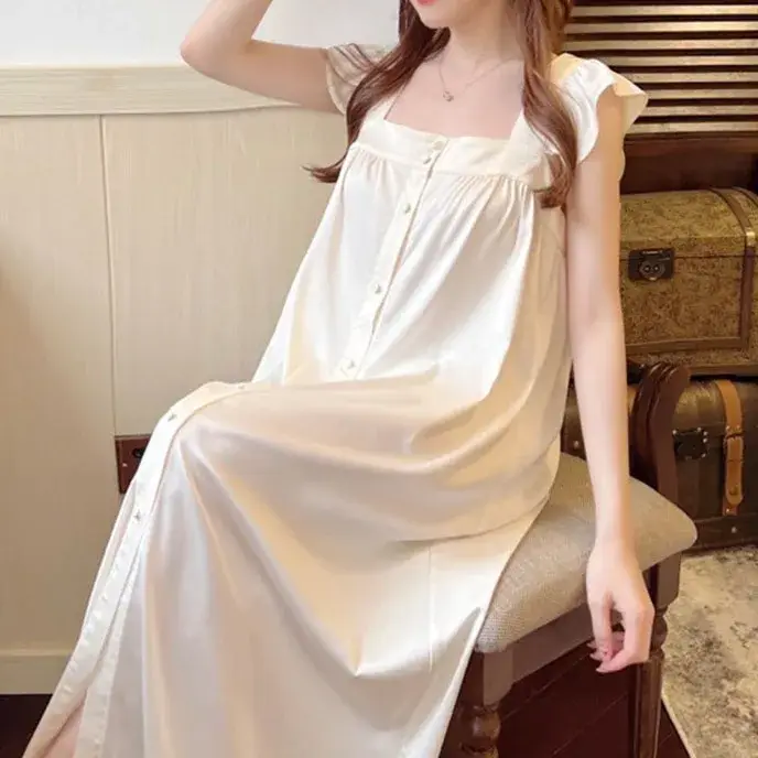 V-Neck krajka dlouhá noční košile pro ženy, sexy noční košile, noční košile palácového stylu, noční košile princezny, saténové šaty, nové