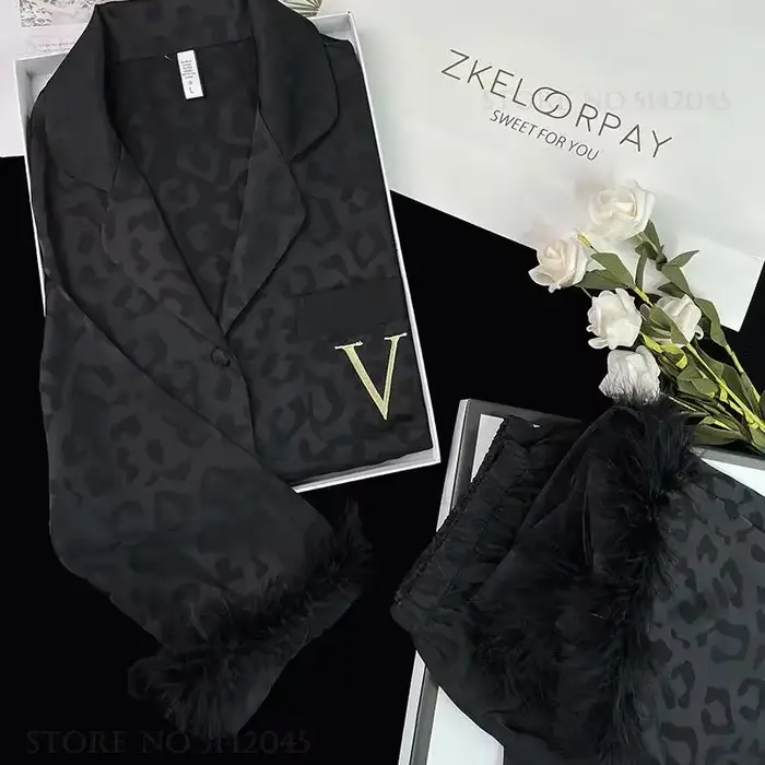 Módní dámské noční prádlo 2 kusy pyžama sada Sexy Leopardí peří kalhoty obleky domácí oblečení volné hedvábné saténové pyžamo ležérní oblečení