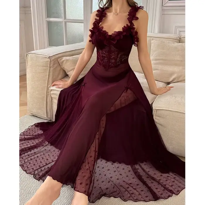 Robe de nuit femme à bretelles, en maille à pois, avec nœud féerique, longue, style pyjama, à pétales, col en V, dos nu, sexy