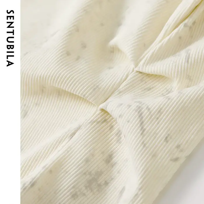 T-shirt en coton imprimé SENTUBILA pour femme, plissé irrégulier, tricoté, col rond, manches longues