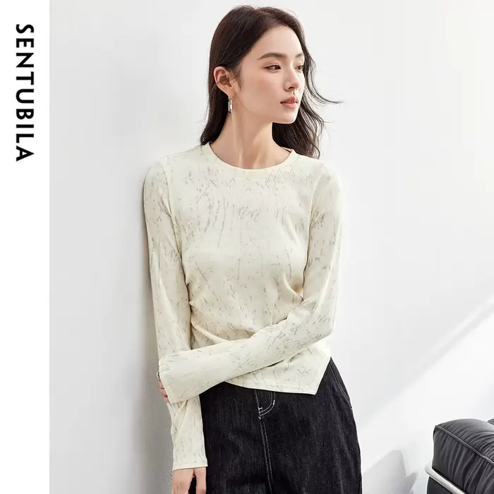 T-shirt en coton imprimé SENTUBILA pour femme, plissé irrégulier, tricoté, col rond, manches longues