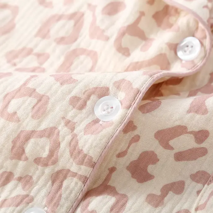 Ensemble pyjama imprimé léopard en coton fin pour femmes, col rabattu, manches longues, pantalon long, style basics, printemps
