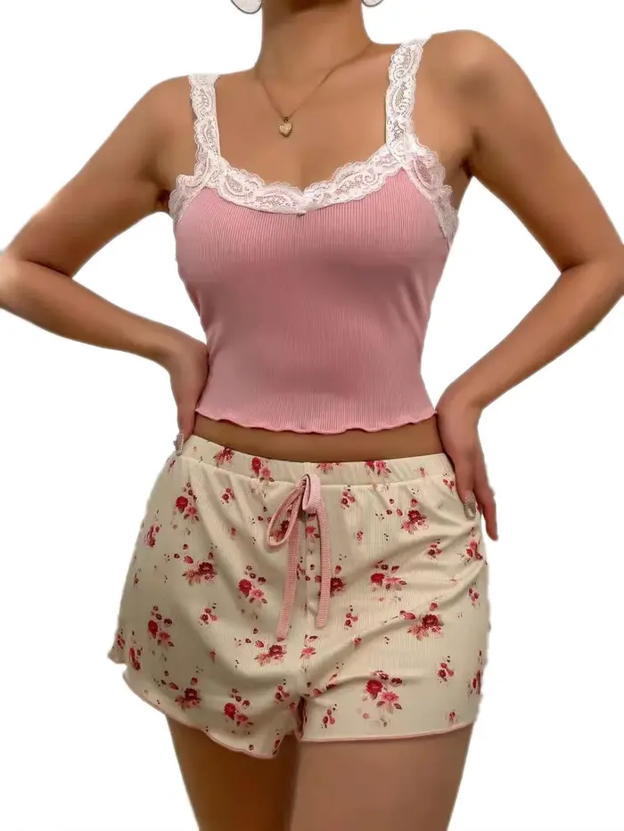 Dámské pyžamo Set krajka Patchwork V-neck noční prádlo Sexy Nuisettes oblek košilka Top potisk měkké šortky pyžamo relaxační oblečení