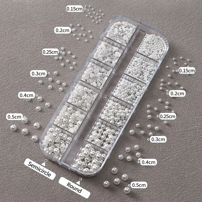 Perles Rondes Blanches pour Ongles, Breloques, 12 Grilles (0.15-0.5cm), Caviar, Bijoux, Demi-Ronde, 