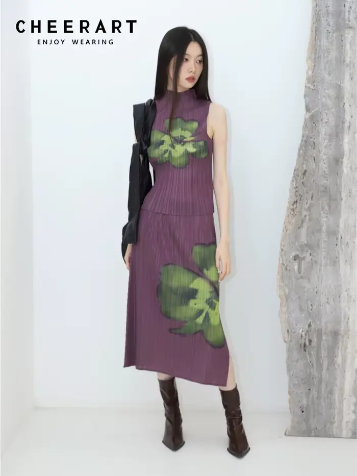 Contest ERART-Tenues florales plissées pour femmes, jupe longue violette, haut en fibre, ensemble 2