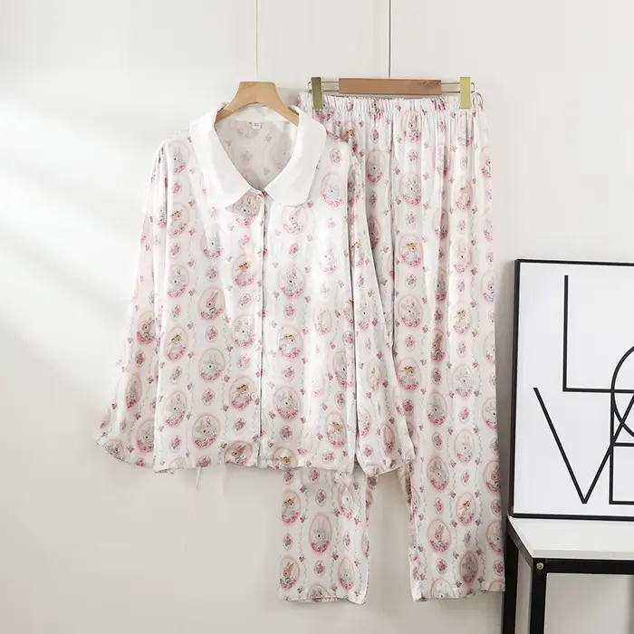 Pyjama en Satin pour femmes, pantalon à manches longues, mignon, frais, haut de gamme, col rabattu, 
