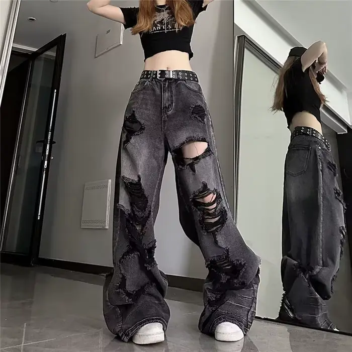 Jean déchiré noir Vintage pour femmes, pantalon à jambes larges, taille haute, droit, Baggy, Y2k