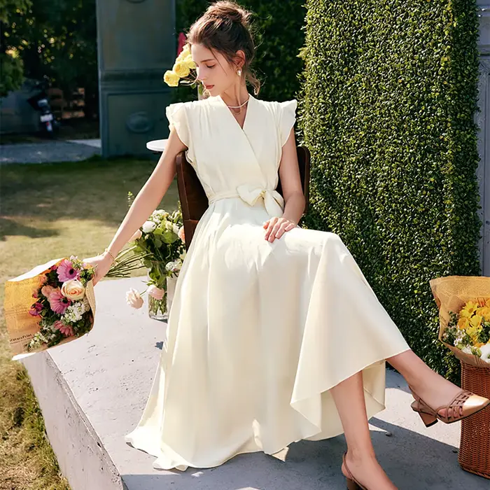 Robe longue élégante OLrain pour femme, collection été 2026, tendance, col en V, manches volantes, i